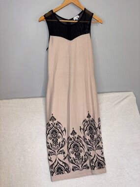 Y2K Sleeveless Beige Dress with Black Lace Yoke and Black Pattern Size Medium